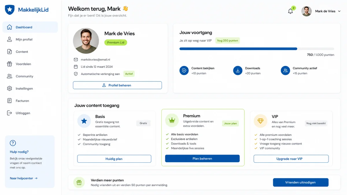 Membership-portaal met contentniveaus