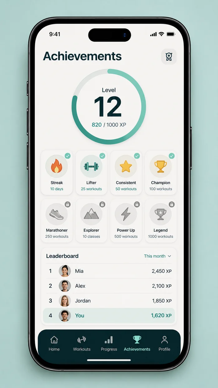 Badges en levels scherm van de MemberFlow-app