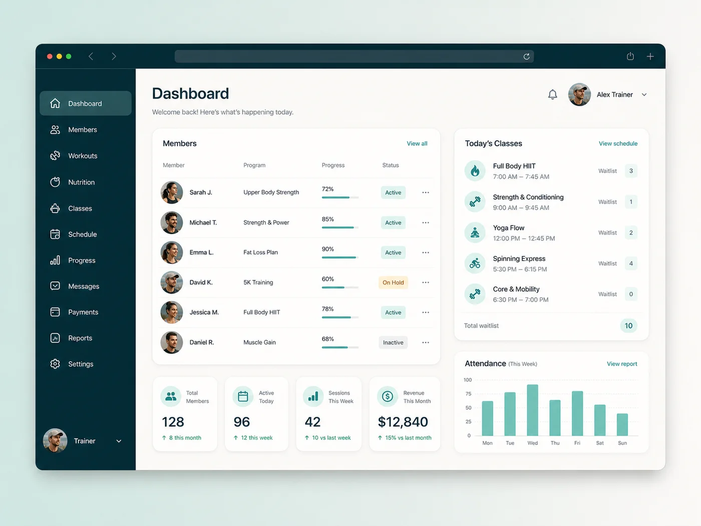 Trainerdashboard van de MemberFlow-app