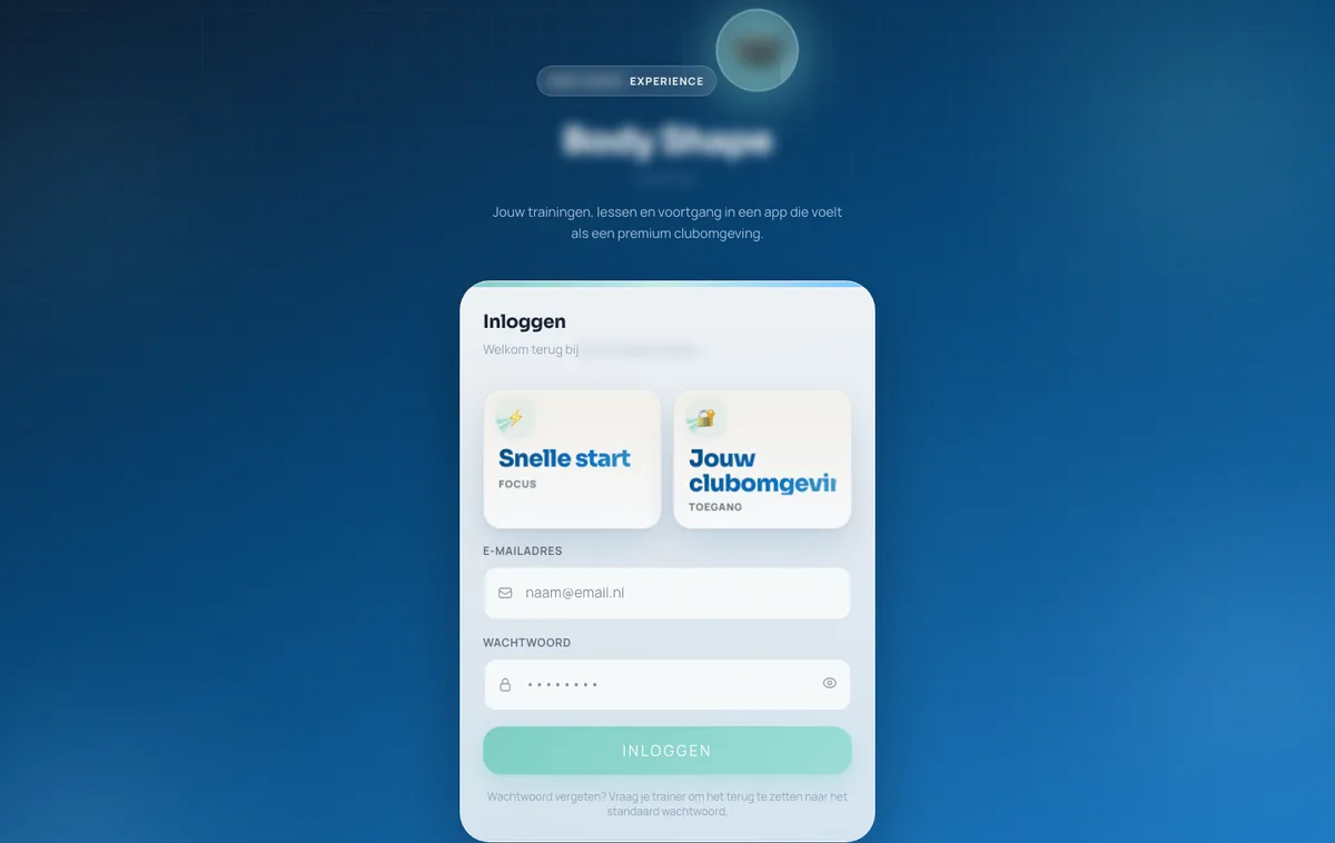 Ledenplatform voor een sportschool, inlogscherm van de app